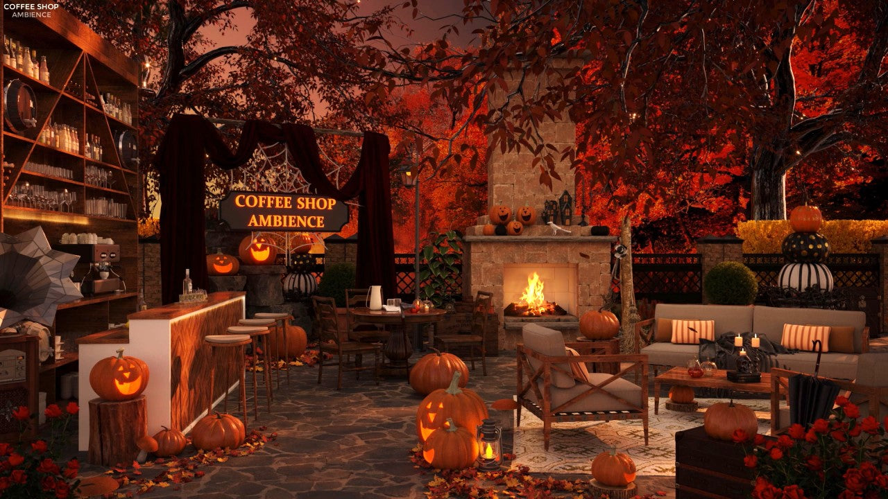 Cozy Fall Porch Coffee Shop Ambience with Smooth Jazz Music & Crackling Fireplace