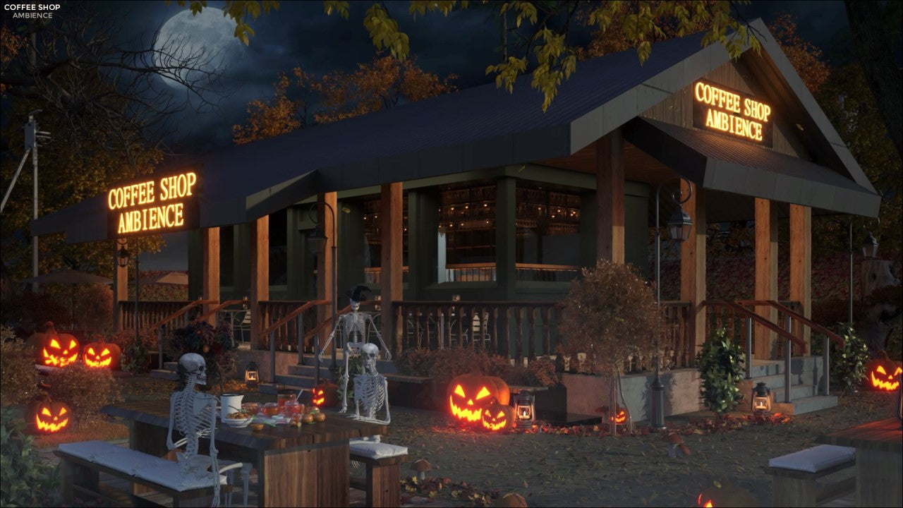 Spooky Halloween Night at Coffee Shop Ambience with Dark Jazz Music and Scary Fall Sounds