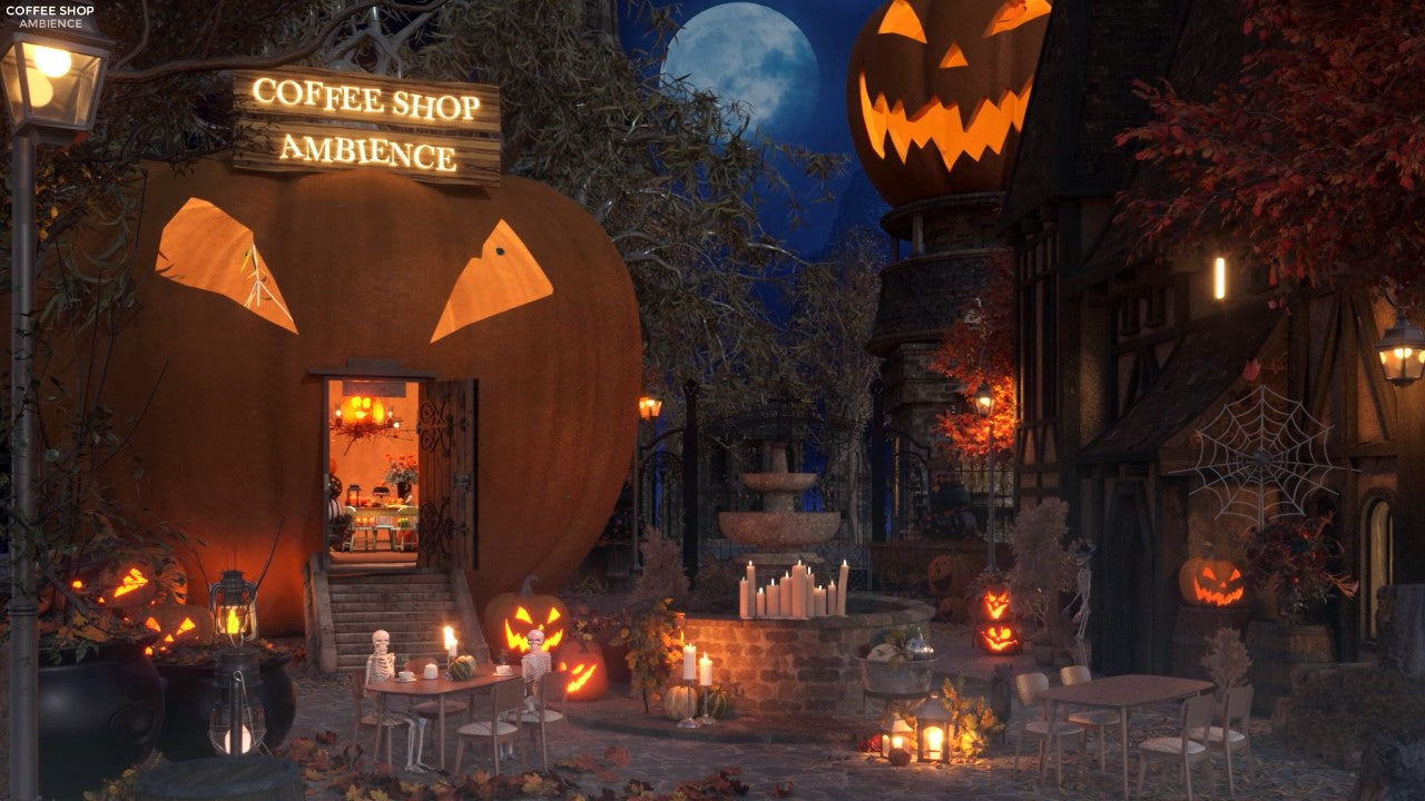 Halloween Jack-o'-Lantern Coffee Shop Ambience with Dark Jazz and Fall Spooky Night
