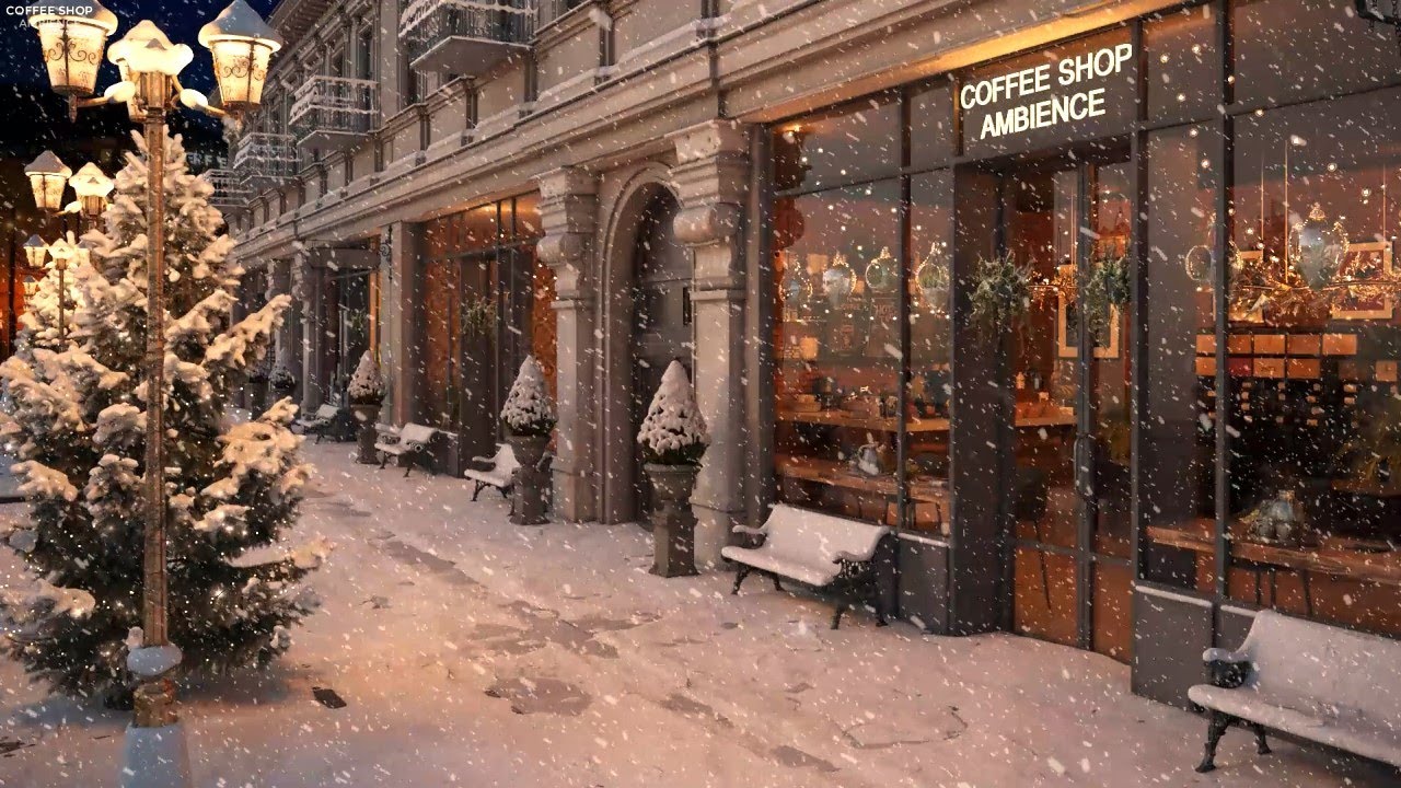 Nightly Snow on Street at Coffee Shop Ambience with Relaxing Smooth Jazz Music and Snowflakes