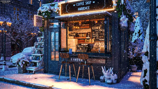 Outdoor Winter Night at Coffee Shop Ambience with Relaxing Jazz Music on Street and Snowfall