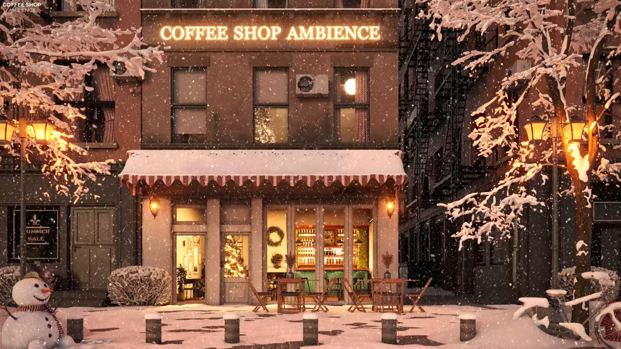 Winter Wonderland at Coffee Shop Ambience with Relaxing Smooth Jazz Music and Snowfall