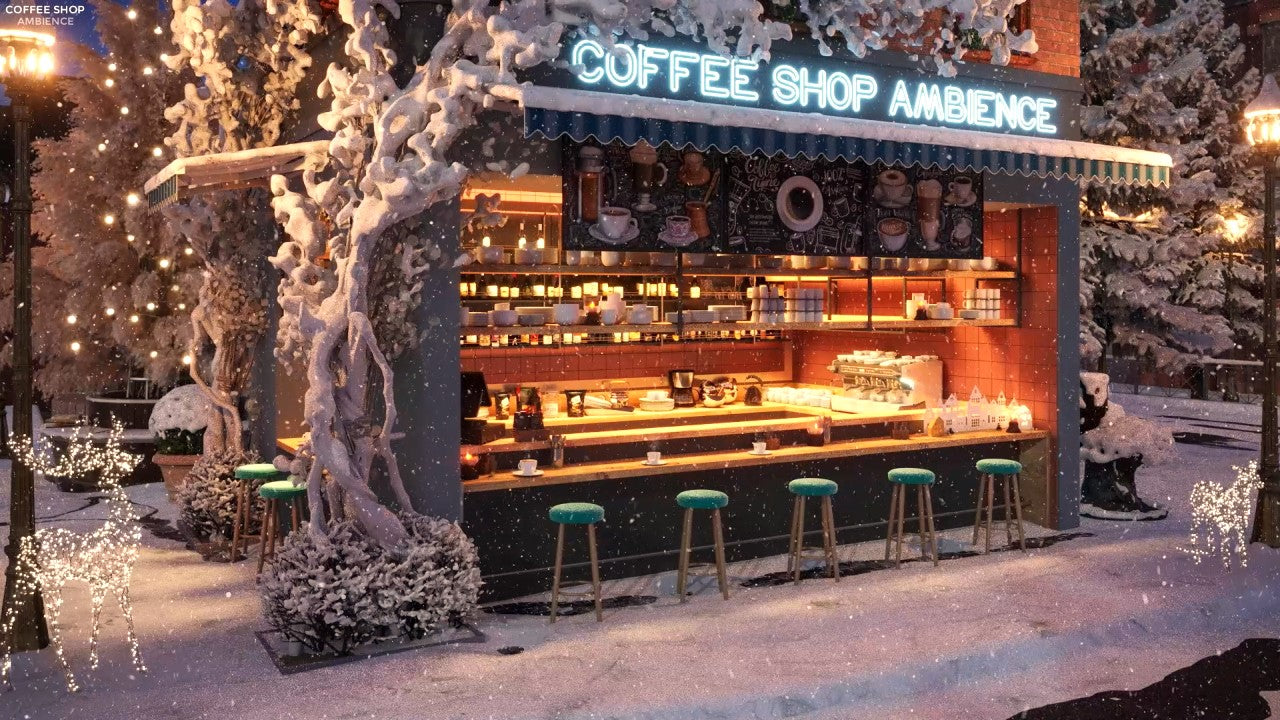 Cozy Snow Night Coffee Shop Ambience with Smooth Jazz Music & Snow Falling